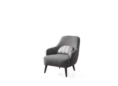 Fauteuil à ailes en tissu pour salon, design moderne en polyester gris.